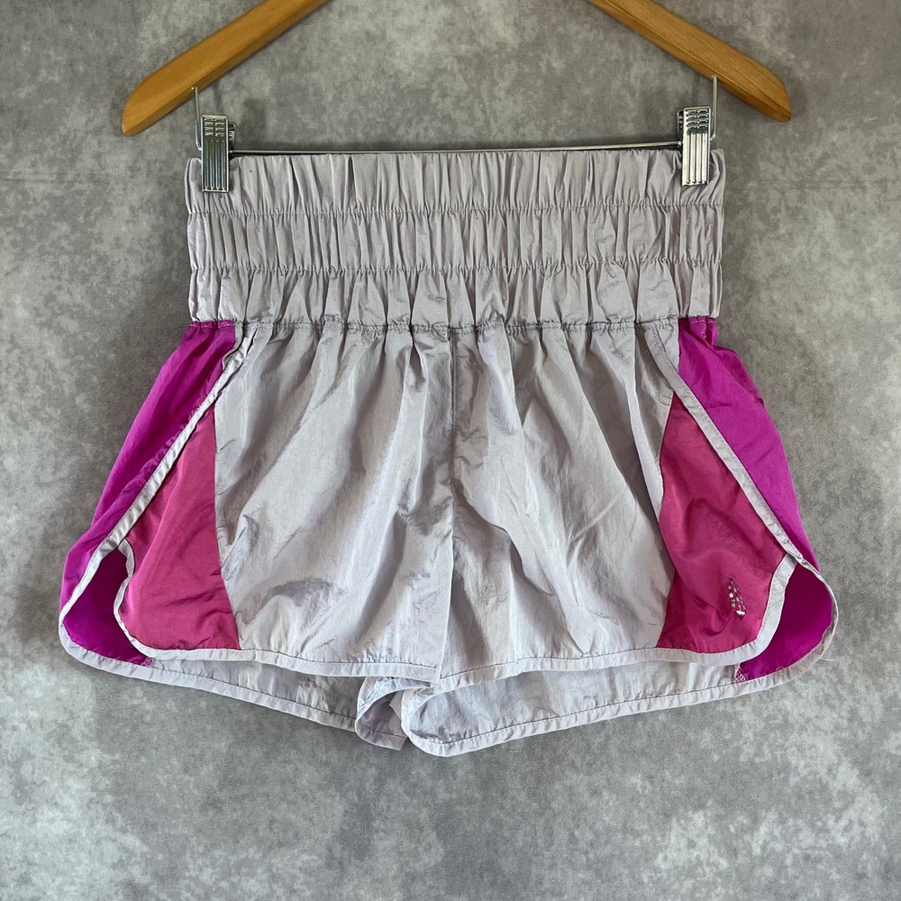 FP Movement The Way Home Shorts Women Medium Grey Pink High Rise Smocked Running